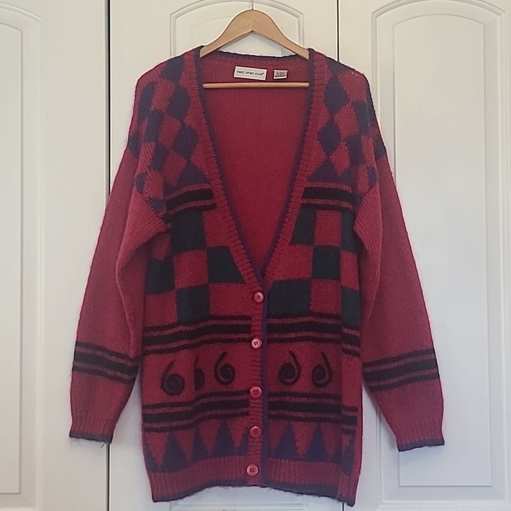 Vintage Paris Sport Club Mohair Blend Pink Fuzzy Cardigan Sweater Size L